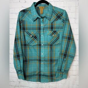 Wrangler size medium teal with black & mustard plaid pearl snap women’s top